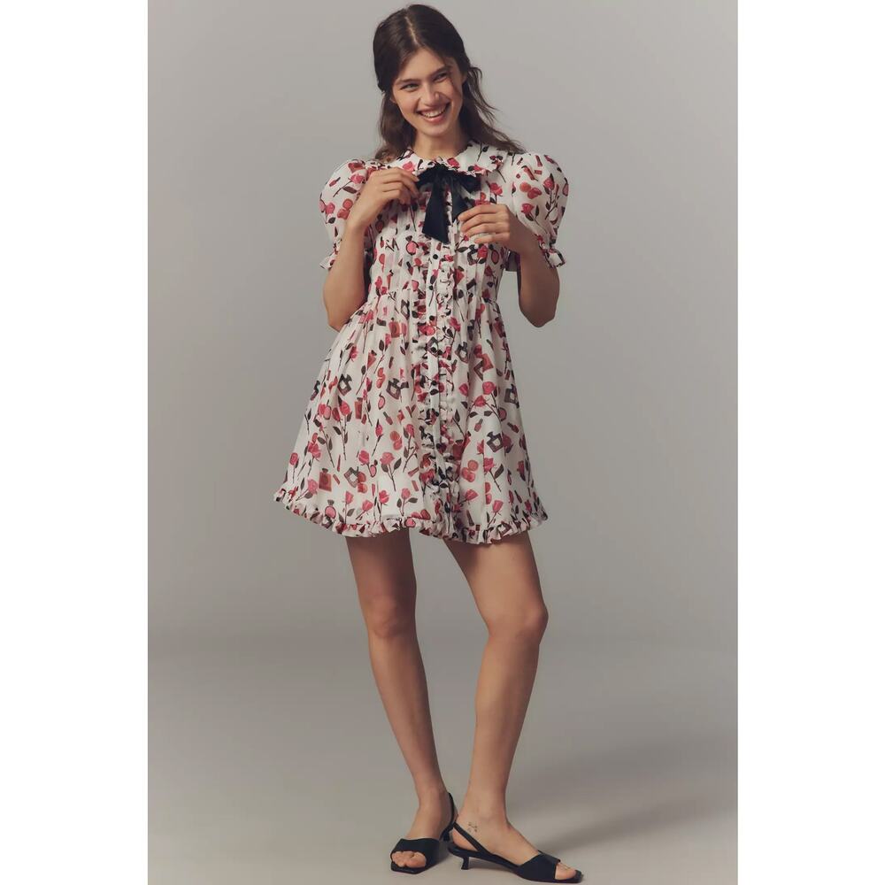 nwt ANTHROPOLOGIE MAEVE sz L Anisa Makhoul Puff Sleeve Bow Front Dress - Picture 2 of 4